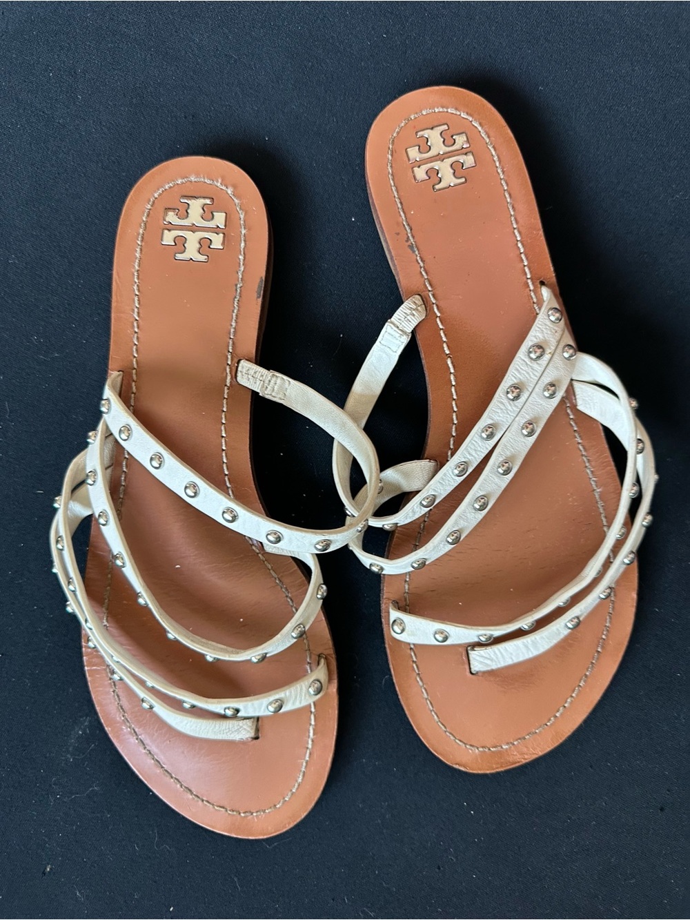 Tory Burch off white Studded Multi-Strap Leather Slide Sandals 10.5